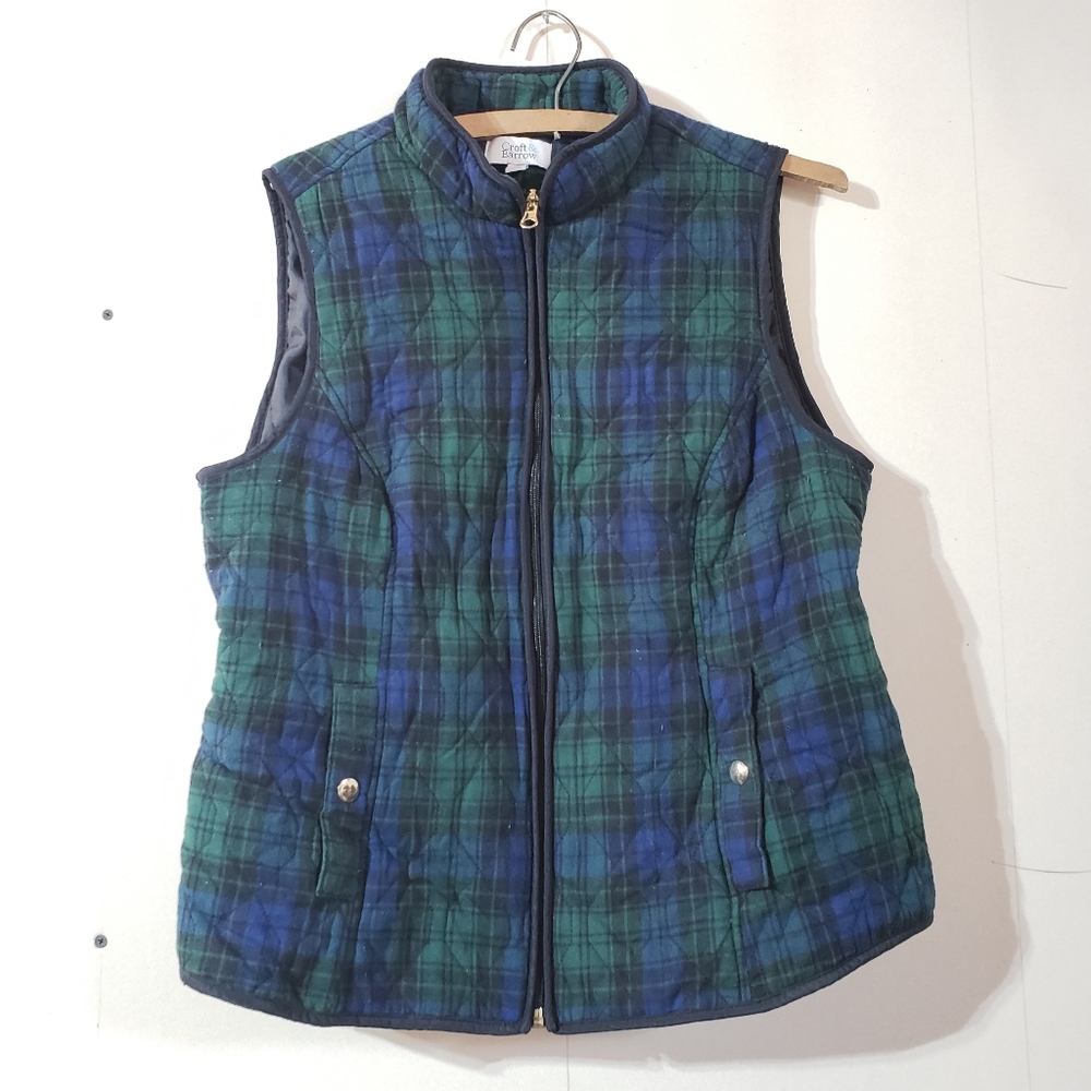 Croft & Barrow women's green blue plaid cozy quilted vest, Size S